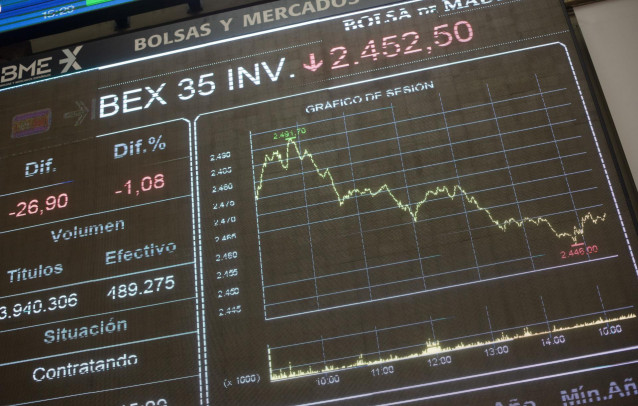 Valores económicos en el Palacio de la Bolsa de Madrid (España), a 19 de febrero de 2021. El Ibex 35 experimentaba un alza del 0,7% en la media sesión de este viernes, lo que llevaba al selectivo a situarse en los 8.114,6 enteros a las 12.01 horas, en un