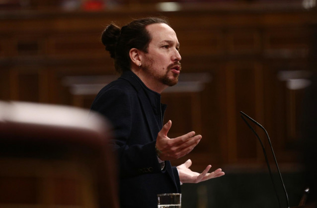 El secretario general de Podemos y vicepresidente segundo del Gobierno, Pablo Iglesias, interviene durante una sesión de Control al Gobierno celebrada en el Congreso de los Diputados, en Madrid, (España), a 17 de febrero de 2021.