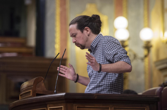 El vicepresidente segundo del Gobierno, Pablo Iglesias, interviene en una sesión plenaria en el Congreso de los Diputados, Madrid, (España), a 24 de marzo de 2021.