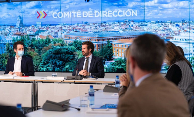 El líder del PP, Pablo Casado, preside la reunión del comité de dirección del PP. En Madrid a 5 de abril de 2021.