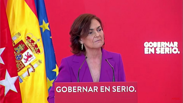 La vicepresidenta primera del Gobierno y secretaria de Igualdad del PSOE, Carmen Calvo, durante un acto sobre feminismo en la sede del PSOE de Ferraz