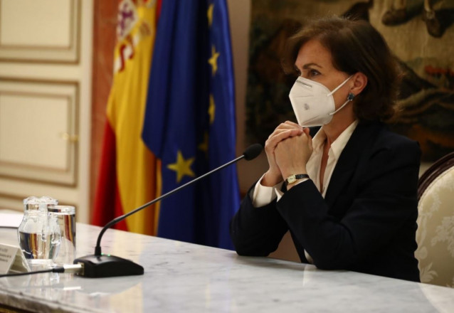 LA vicepresidenta primera y ministra de la Presidencia, Relaciones con las Cortes y Memoria Democrática, Carmen Calvo, interviene en la inauguración de la Jornada sobre 'La Segunda República Española, 90 años después, 1931-2021'.