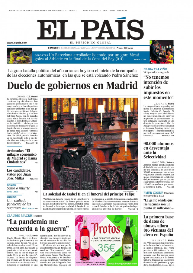 Portada de El País el 18 de abril de 2021.