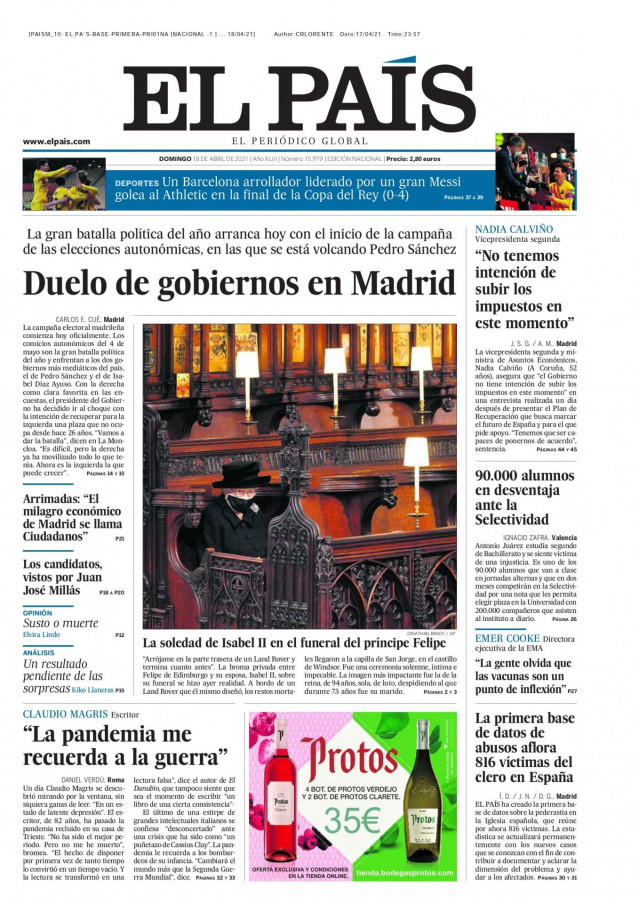 Portada de El País el 18 de abril de 2021.