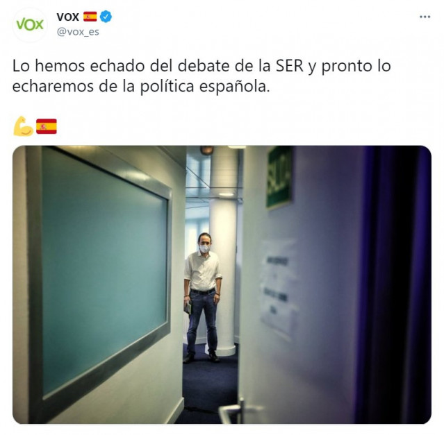 Captura del tweet de Vox sobre el candidato de Podemos, Pablo Iglesias