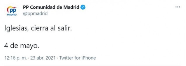 Captura del tuit de PP Madrid que ha sido borrado