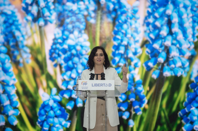La presidenta de la Comunidad de Madrid y candidata a la reelección, Isabel Díaz Ayuso, durante un acto de campaña