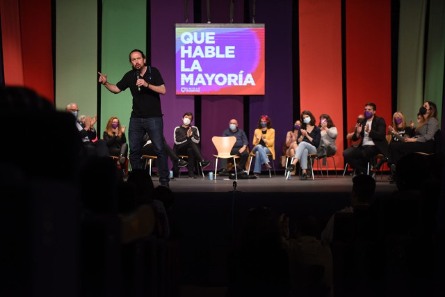 El candidato de Unidas Podemos a las elecciones de la Comunidad de Madrid, Pablo Iglesias, durante un mitin en la localidad de Alcorcón