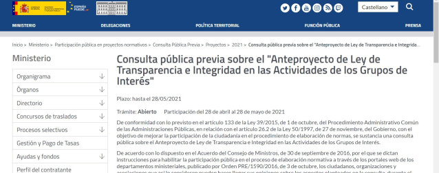 Consulta pública del anteproyecto de ley de transaparencia e integridad en las actividades de los grupos de interés