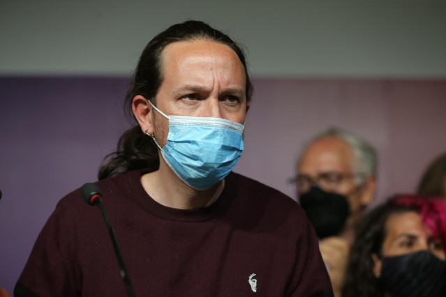 El candidato de Unidas Podemos a la presidencia de la Comunidad de Madrid y secretario general de Podemos, Pablo Iglesias, durante una rueda de prensa tras las votaciones de la jornada electoral, a 4 de mayo de 2021, en Madrid (España).