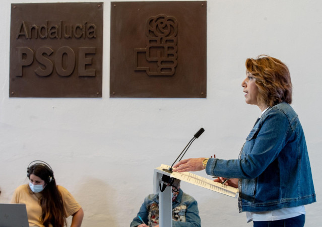 La secretaria general del PSOE-A, Susana Díaz, ofrece una rueda de prensa con motivo de la reunión de la Comisión Ejecutiva regional a 06 de mayo del 2021 en Sevilla. Andalucía, donde ha pedido a  Ferraz adelantar las primarias para la candidatura a la Ju