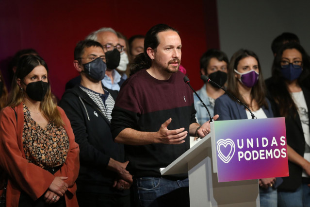 El candidato de Unidas Podemos a la presidencia de la Comunidad de Madrid y secretario general de Podemos, Pablo Iglesias, durante una rueda de prensa tras las votaciones de la jornada electoral, a 4 de mayo de 2021, en Madrid (España).