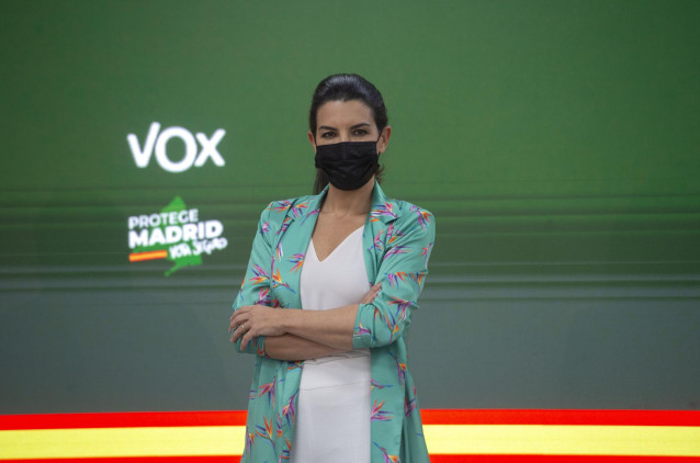 La candidata de Vox a la Presidencia de la Comunidad de Madrid, Rocío Monasterio, durante una rueda de prensa tras la reunión del Comité de Acción Política del partido, a 5 de mayo de 2021, en Madrid (España). La reunión tiene lugar un día después de las