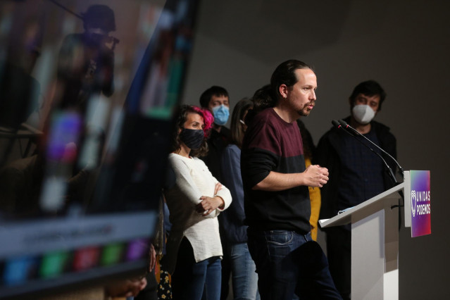 El candidato de Unidas Podemos a la presidencia de la Comunidad de Madrid y secretario general de Podemos, Pablo Iglesias, durante una rueda de prensa tras las votaciones de la jornada electoral, a 4 de mayo de 2021, en Madrid (España). Iglesias ha anunci