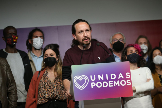 El candidato de Unidas Podemos a la presidencia de la Comunidad de Madrid y secretario general de Podemos, Pablo Iglesias, durante una rueda de prensa tras las votaciones de la jornada electoral, a 4 de mayo de 2021, en Madrid (España). Iglesias ha anunci