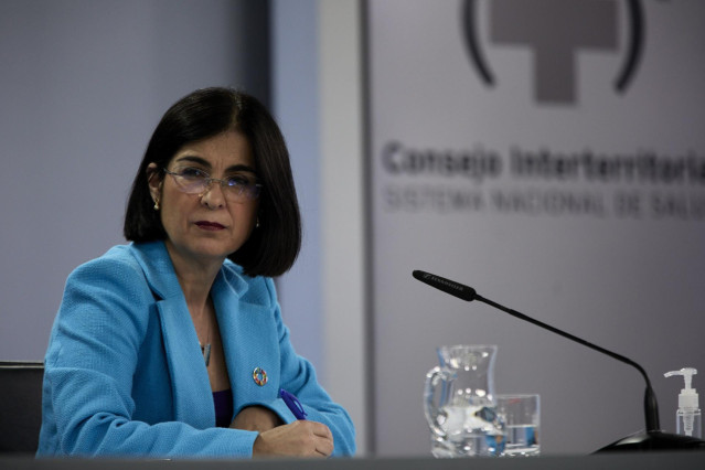 La ministra de Sanidad, Carolina Darias comparece en una rueda de prensa posterior a la reunión del Consejo Interterritorial del Sistema Nacional de Salud (CISNS) en el Complejo de la Moncloa, a 12 de mayo de 2021, en Madrid (España). La incidencia acumul