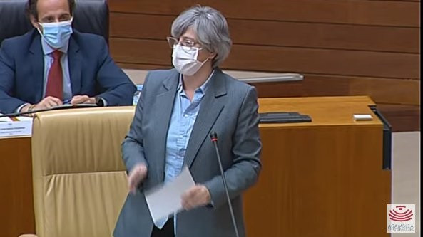 La consejera de Movilidad, Transporte y Vivienda de la Junta, Leire Iglesias, en el pleno de la Asamblea
