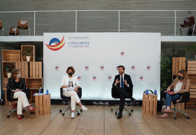 El presidente del PP, Pablo Casado, participa en unas jornadas organizadas por la Fundación Concordia y Libertad sobre 'Reto Demográfico'. En Madrid, a 17 de mayo de 2021.