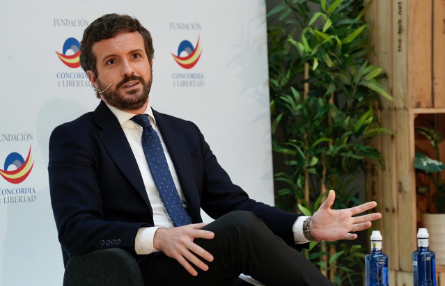 El líder del PP,  Pablo Casado, interviene en unas jornadas de la Fundación Concordia y Libertad sobre 'Reto Demográfico'. En Madrid, a 17 de mayo de 2021.