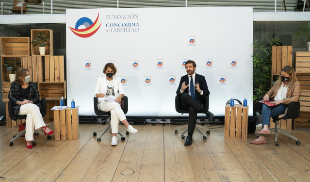 El presidente del PP, Pablo Casado, interviene en la clausura de las Jornadas #RetoDemográfico que organiza la Fundación Concordia y Libertad, a 17 de mayo de 2021, en Impact Hub Gobernador, en Madrid (España).