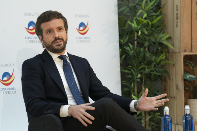 El presidente del PP, Pablo Casado, interviene en la clausura de las Jornadas #RetoDemográfico que organiza la Fundación Concordia y Libertad, a 17 de mayo de 2021, en Impact Hub Gobernador, en Madrid (España).