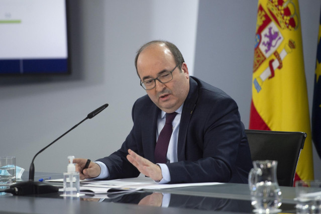 El ministro de Política Territorial y Función Pública, Miquel Iceta en una rueda de prensa para presentar el componente 11 del Plan de Recuperación, Transformación y Resiliencia enviado a la Comisión Europea, a 17 de mayo de 2021, en Madrid (España).
