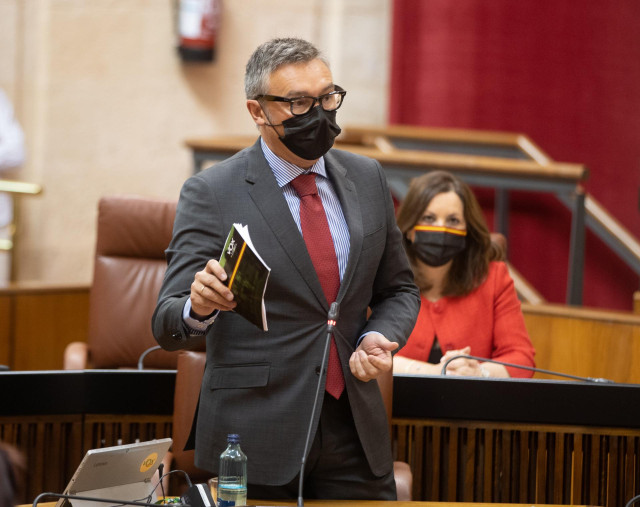 El portavoz parlamentario de Vox  Manuel Gavira, durante su intervención en la sesión de control al gobierno con preguntas de los grupos políticos al presidente de la Junta. Foto de archivo.
