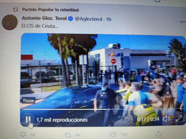 Tuit del vicesecretario de Política Territorial del PP, Antonio González Terol, sobre el abucheo a Pedro Sánchez a su llegada a Ceuta para afrontar la crisis en la ciudad autónoma ante la llegada masiva de inmigrantes. En Madrid, a 18 de mayo de 2021.