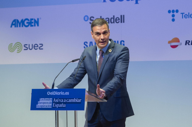 El presidente del Gobierno, Pedro Sánchez interviene durante la clausura de la Jornada sobre “Los fondos europeos de recuperación: así va a cambiar España” organizado por ‘Eldiario.es’, en el Auditorio del Museo Nacional de Arte Reina Sofía, a 19 de mayo
