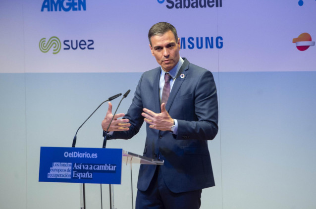 El presidente del Gobierno, Pedro Sánchez interviene en la clausura de la Jornada sobre “Los fondos europeos de recuperación: así va a cambiar España” organizado por ‘Eldiario.es’, en el Auditorio del Museo Nacional de Arte Reina Sofía.
