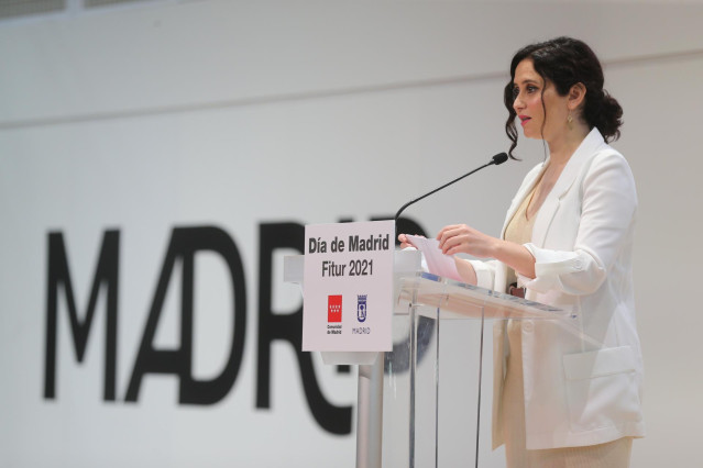 La presidenta de la Comunidad en funciones, Isabel Díaz Ayuso, interviene en los actos de celebración del Día de Madrid en Fitur
