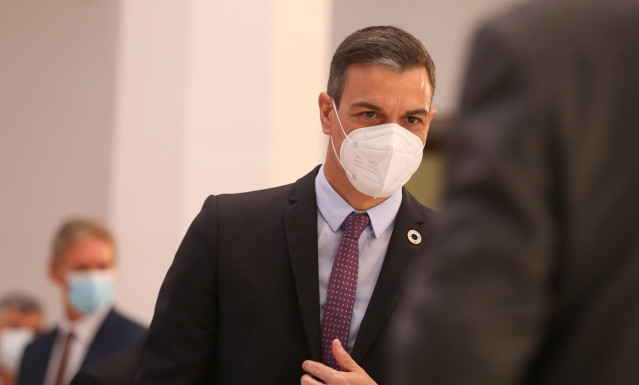 El presidente del Gobierno, Pedro Sánchez, a su llegada a la presentación del acto 'Haciendo de España un polo industrial del hidrógeno verde en Europa', a 24 de mayo de 2021, en Toledo, Castilla-La Mancha, (España).