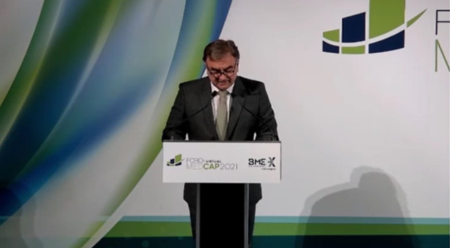 El consejero delegado de Bolsas y Mercados Españoles (BME), Javier Hernani, en el Foro virtual Medcap 2021.
