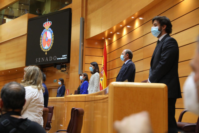 Archivo - Los miembros de la Mesa del Senado guardan dos minutos de silencio, uno en memoria de Susana y de Eugenia, víctimas mortales de violencia machista, y otro en memoria de las víctimas del Covid-19, al inicio de una sesión de control al Gobierno en