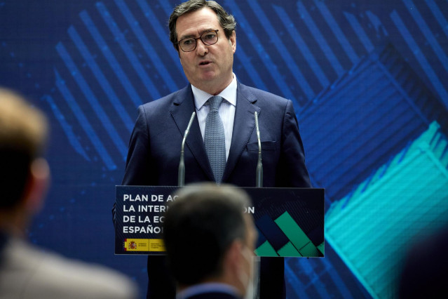 El presidente de la CEOE, Antonio Garamendi, interviene en la presentación del Plan de Acción para la Internacionalización de la Economía Española 2021-2022, en la sede del Instituto de Comercio Exterior (ICEX), a 26 de mayo de 2021, en Madrid (España). E
