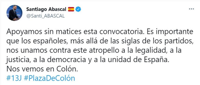Tweet del presidente de Vox, Santiago Abascal, en apoyo a la concentración en contra de los indultos