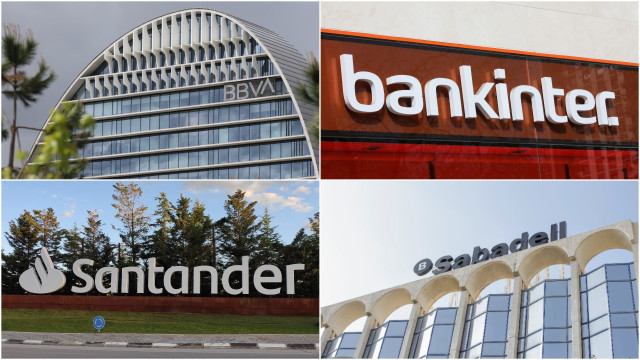 Archivo - Logos de BBVA, Bankinter, Banco Santander y Banco Sabadell