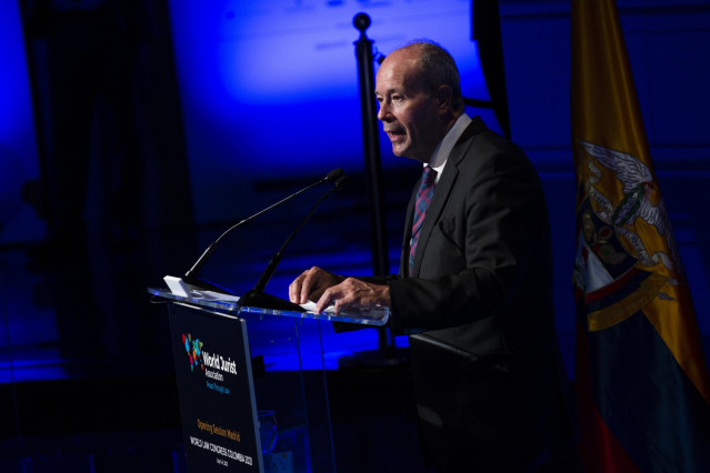 El ministro de Justicia, Juan Carlos Campo, interviene en la clausura de la jornada del encuentro internacional de juristas organizado por la World Jurist Association, a 6 de julio de 2021, en la Casa América, Madrid, (España). Esta segunda jornada ha gir