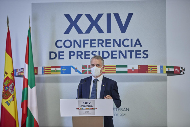 El Lehendakari, Iñigo Urkullu, ofrece una rueda de prensa en el Aulario del Convento de San Esteban posterior a la celebración de la XXIV Conferencia de Presidentes, a 30 de julio de 2021, en Salamanca, Castilla y León (España).