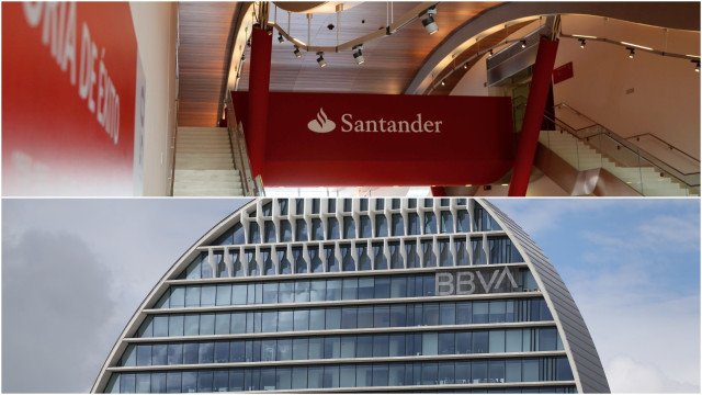 Archivo - Logos de Santander y de BBVA