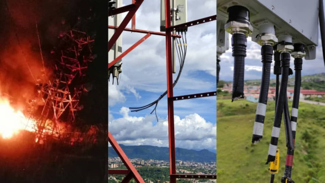 Imagénes de la estación de servicio de Telefónica en Táriba en Venezuela tras sufrir un robo.