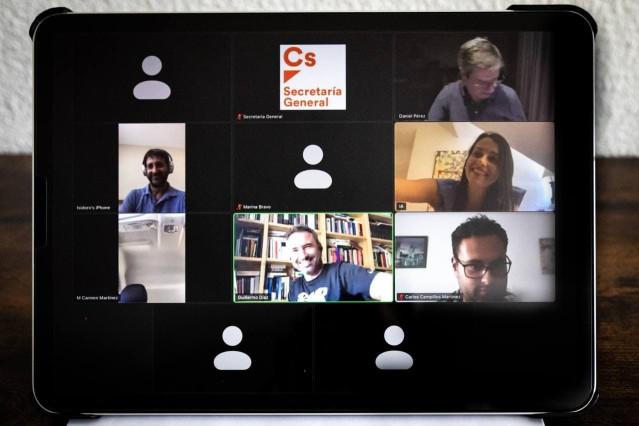 La presidenta de Ciudadanos, Inés Arrimadas, en una reunión telemática con otros dirigentes de Cs y con el economista Isidoro Tapia.