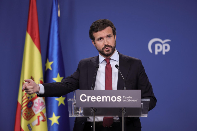 El presidente del PP, Pablo Casado, durante una rueda de prensa en la sede del partido, a 29 de julio de 2021, en Madrid (España).