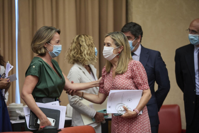 La portavoz del PP en el Congreso de los Diputados, Cuca Gamarra (i) saluda a la vicepresidenta del Congreso y vicesecretaria de Política Social del PP, Ana Pastor (d), a su llegada a una reunión de la diputación permanente en el Congreso de los Diputados