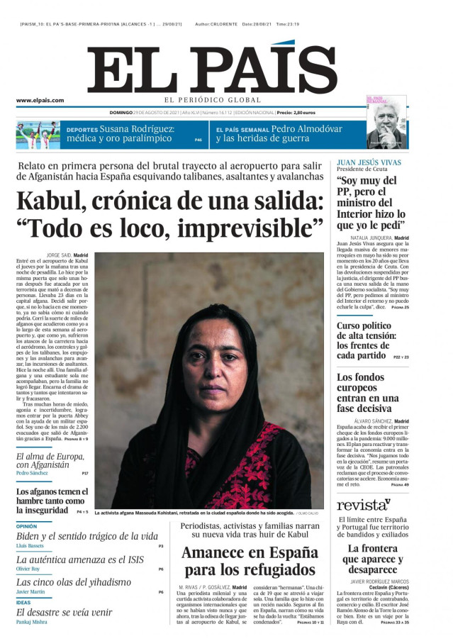 Portada de El País del 29 de agosto de 2021.