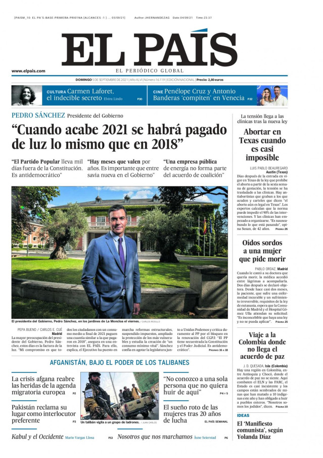 Portada 'El País' 5 de septiembre de 2021