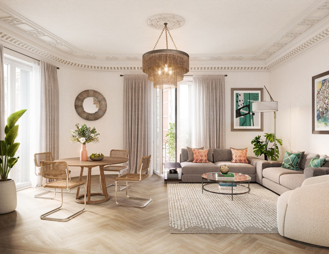 Interior de una vivienda en la Gran Vía de Madrid, comercializada por Knight Frank.