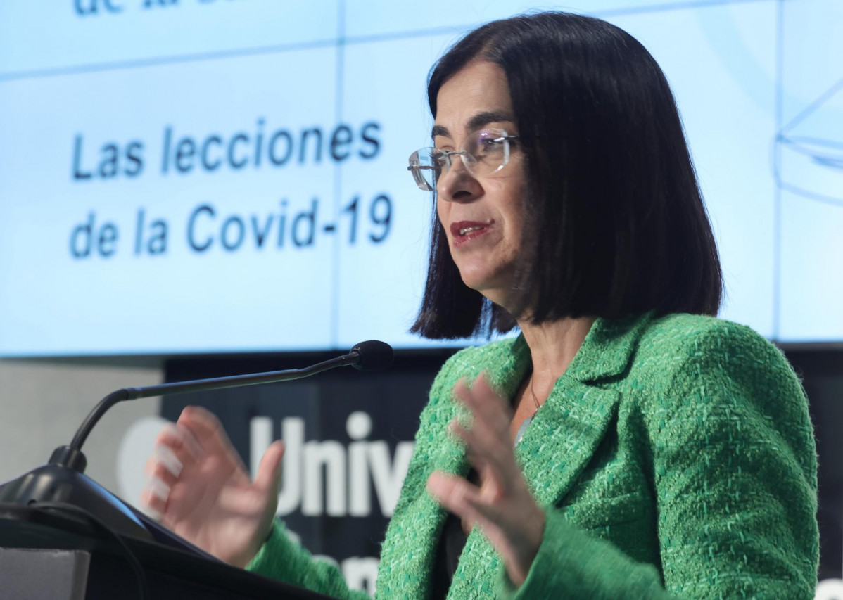 La ministra de Sanidad, Carolina Darias, interviene en la apertura del II Simposio del Observatorio de la Sanidad 'Las Lecciones de la Covid-19', a 13 de septiembre de 2021, en el auditorio de la Universidad Camilo José Cela, Madrid, (España). Organizado