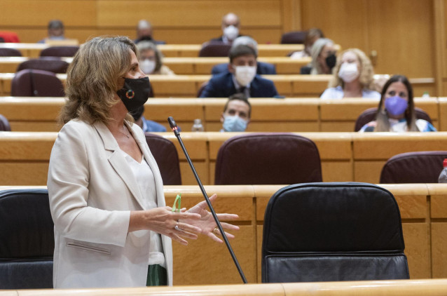 La vicepresidenta tercera y ministra de Transición Ecológica y Reto Demográfico, Teresa Ribera, interviene durante el primer pleno y primera sesión de control al Gobierno en el Senado tras el parón estival, a 14 de septiembre de 2021, en Madrid (España).