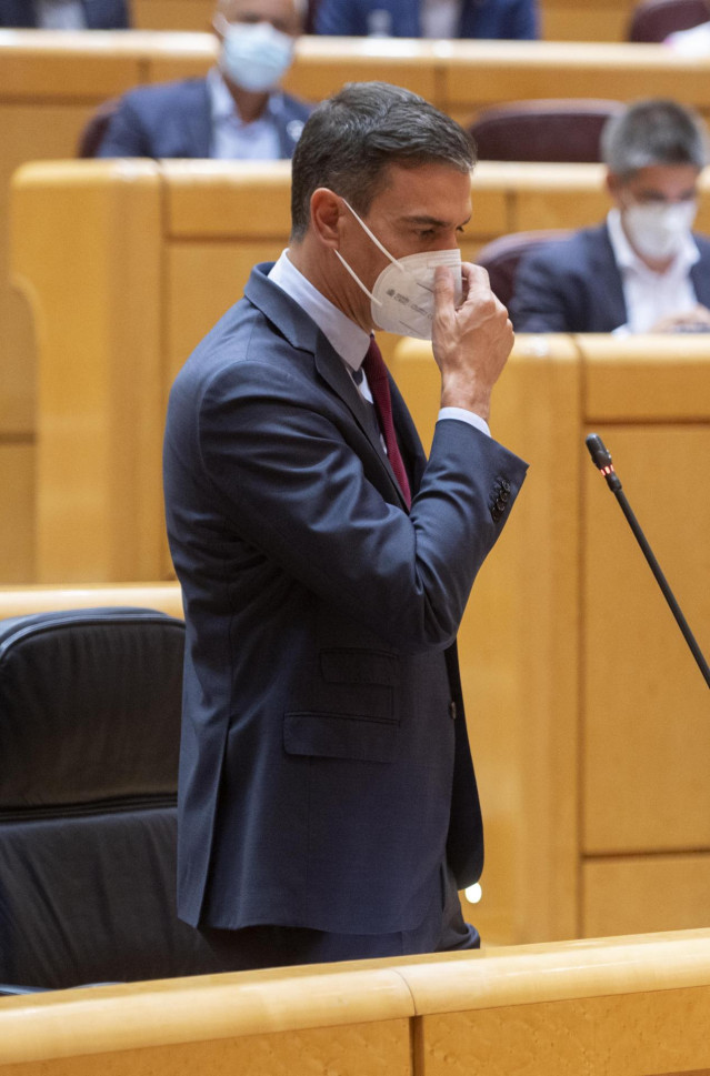 El presidente del Gobierno, Pedro Sánchez, interviene durante el primer pleno y primera sesión de control al Gobierno en el Senado tras el parón estival, a 14 de septiembre de 2021, en Madrid (España).